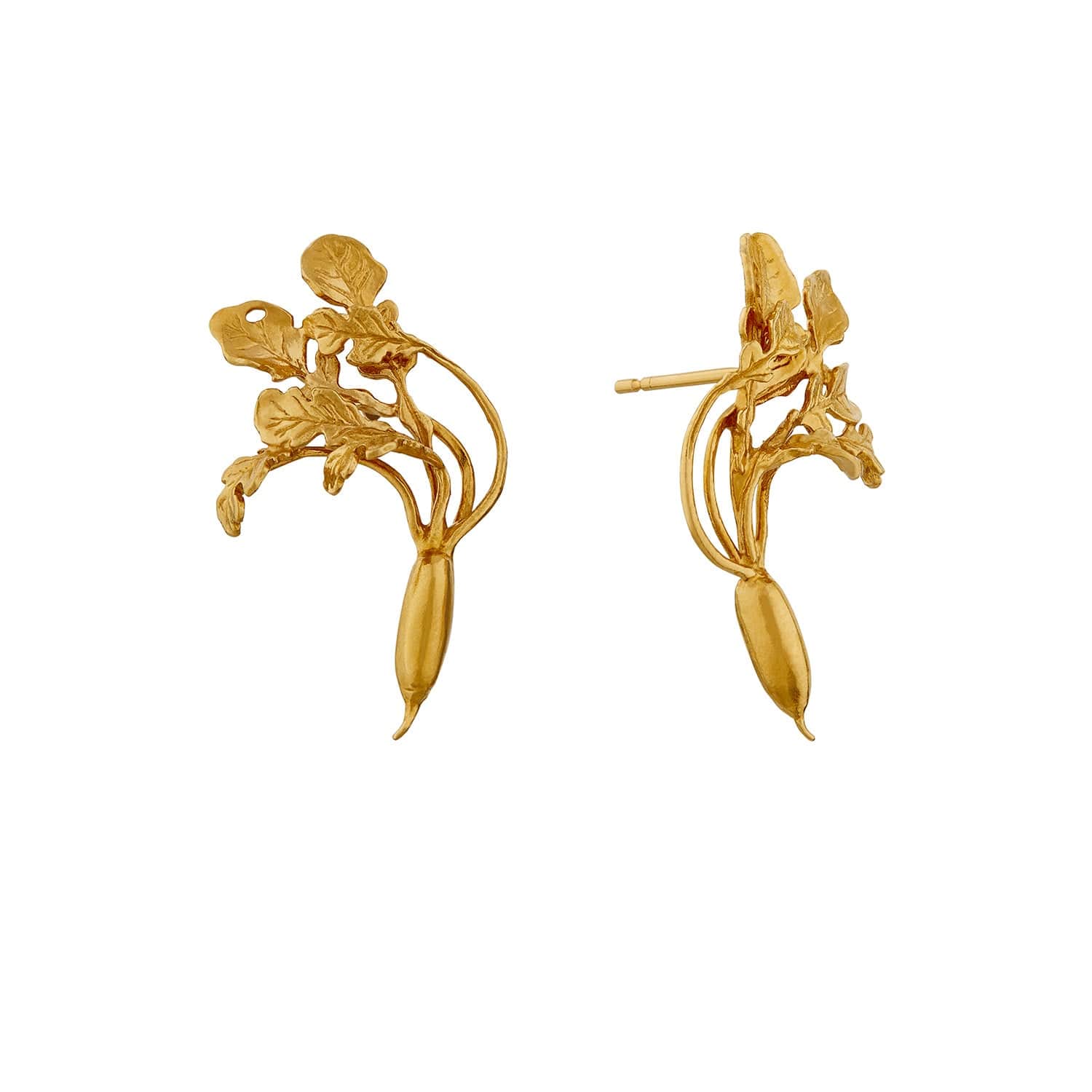 Product shot of gold plated French Radish Stud Earrings by Alex Monroe Jewellery