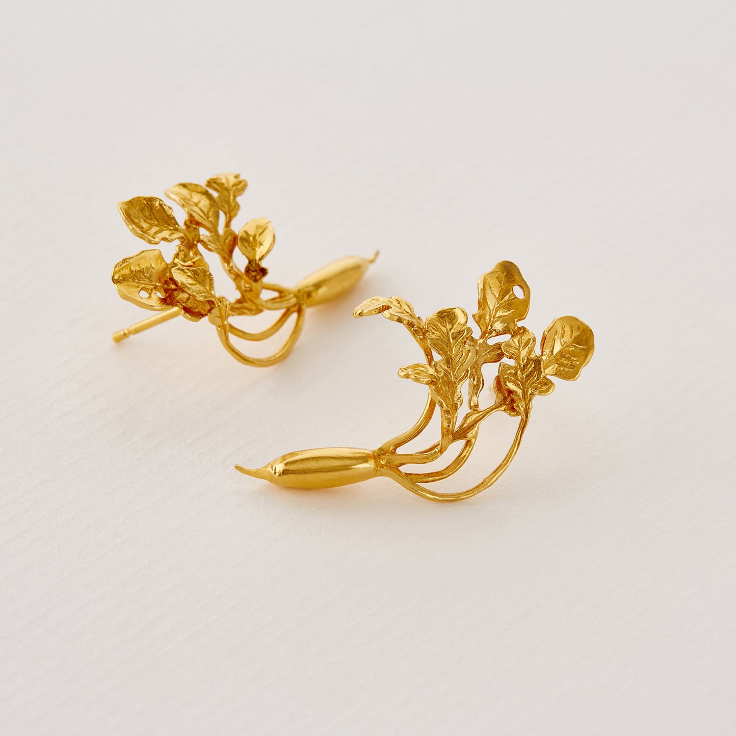 paper shot of gold plated French Radish Stud Earrings by Alex Monroe Jewellery