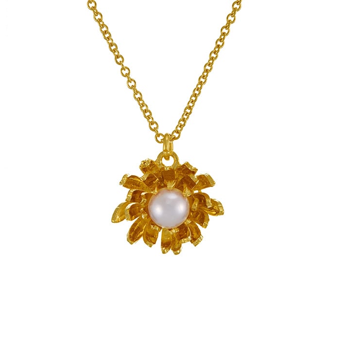 paper shot of Gold Plated Chrysanthemum Flower Pearl Necklace by Alex Monroe Jewellery