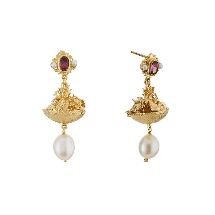 Product shot of Fruit Basket Earrings with Rhodolite Garnet & Freshwater Pearl