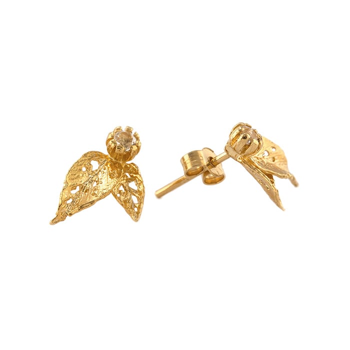 Product shot of gold plated Autumn Leaf Topaz Stud Earrings by Alex Monroe fine Jewellery