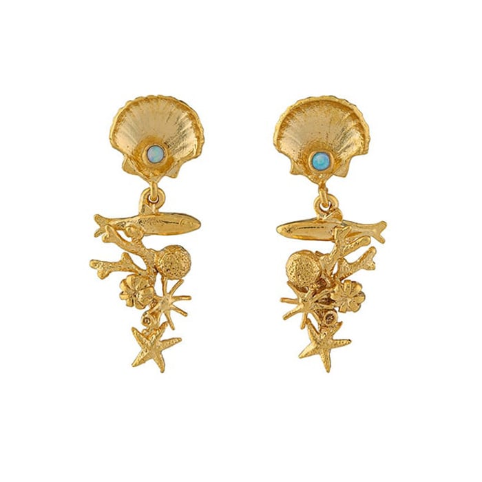 Product shot of gold plated Coral Reef Opal Drop Earrings by Alex Monroe fine Jewellery