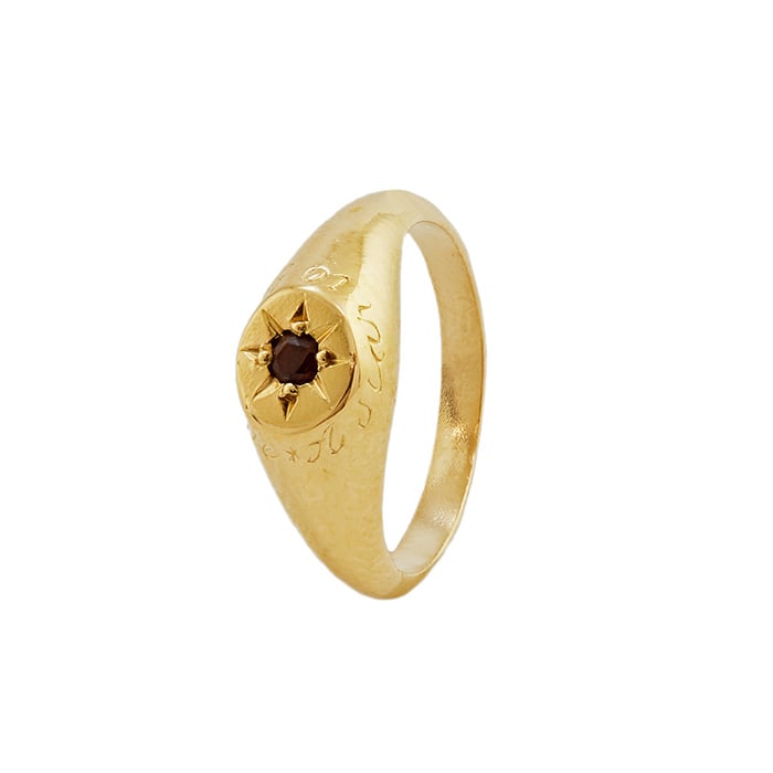 product shot of gold plated Garnet Signet Ring with A Star to Guide Me Engraving