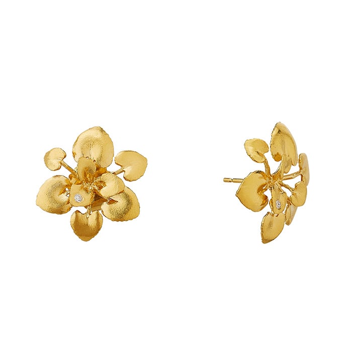 Product photo of gold plated Heart-shaped Leaf Rosette Stud Earrings with Diamonds by Alex Monroe Jewellery