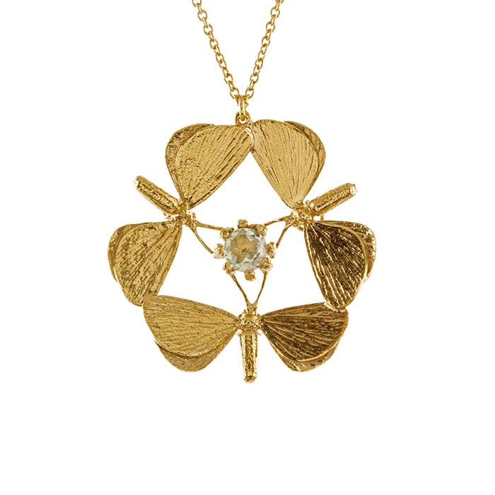 Product shot of a Gold Plated Moth Formation & Green Amethyst Necklace