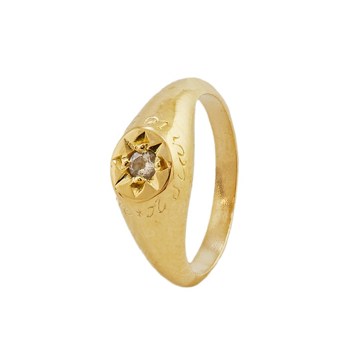 Product shot of gold plated White Topaz Signet Ring with 