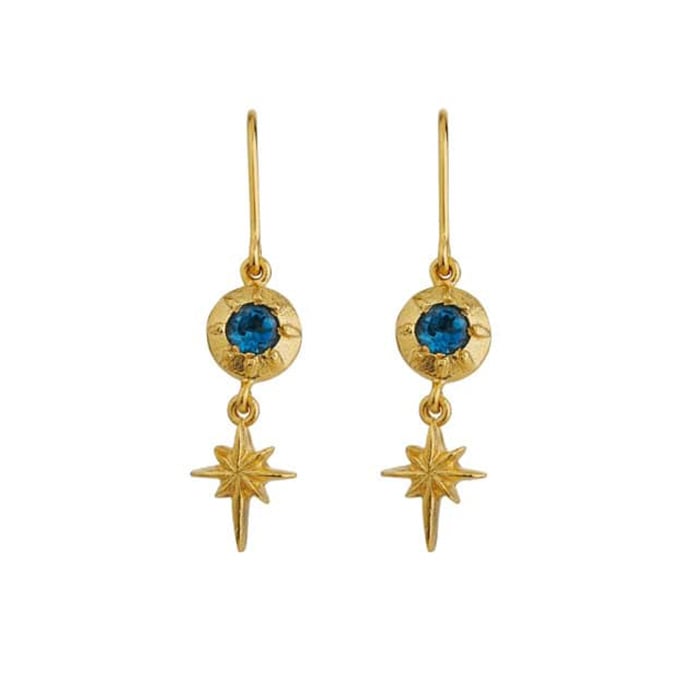 product shot of gold plated Guiding Star Blue Topaz Hook Earrings by Alex Monroe fine jewellery