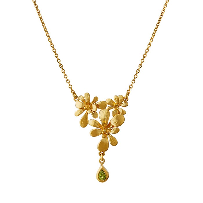 Product shot of gold plated Leafy Rosette Necklace with Green Peridot Teardrop Charm by Alex Monroe fine Jewellery