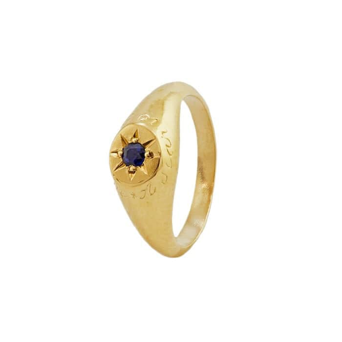 Product shot of gold plated Sapphire Signet Ring with 