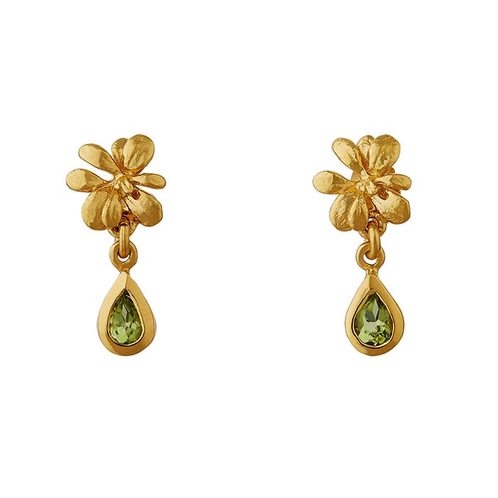 Product shot of gold plated Small Rosette Peridot Hanging Teardrop Earrings by Alex Monroe Jewellery