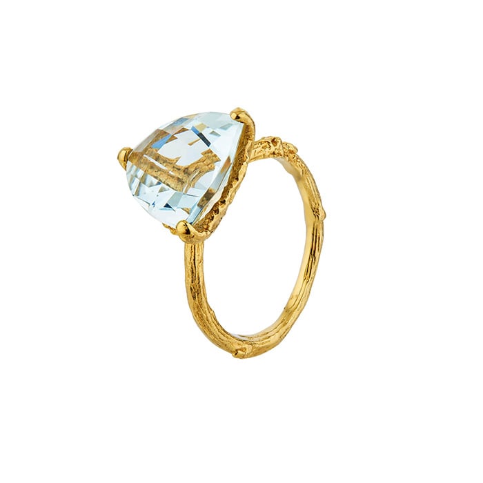Product shot of solid 18ct Aquamarine Forest Jewel Ring by Alex Monroe fine Jewellery
