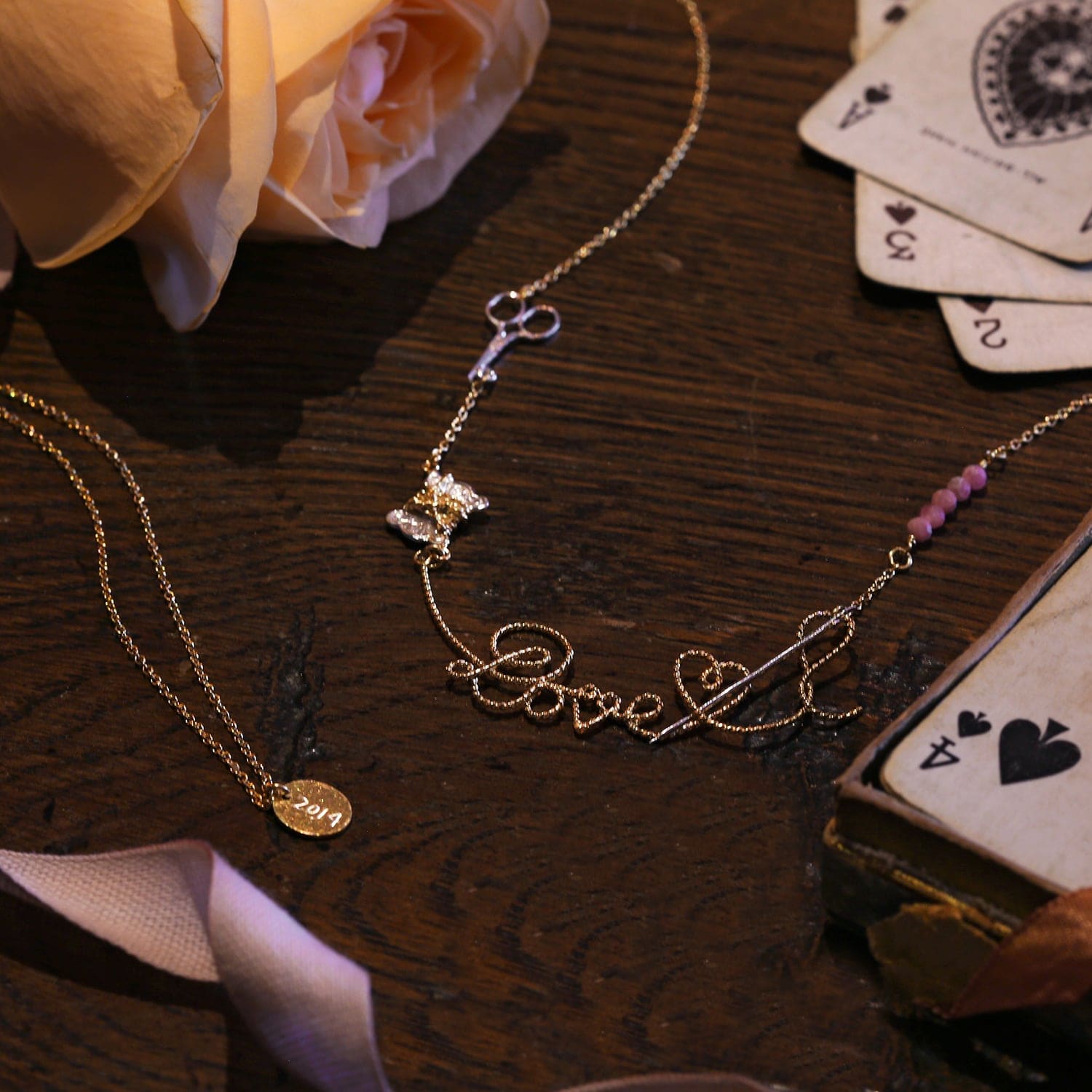 Love Embroidery Necklace with Pink Opal Beads silver and gold plate