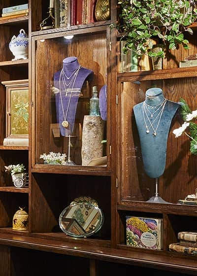 The display cabinets inside of the Fine Jewellery Room at the Alex Monroe flagship boutique on Floral Street.
