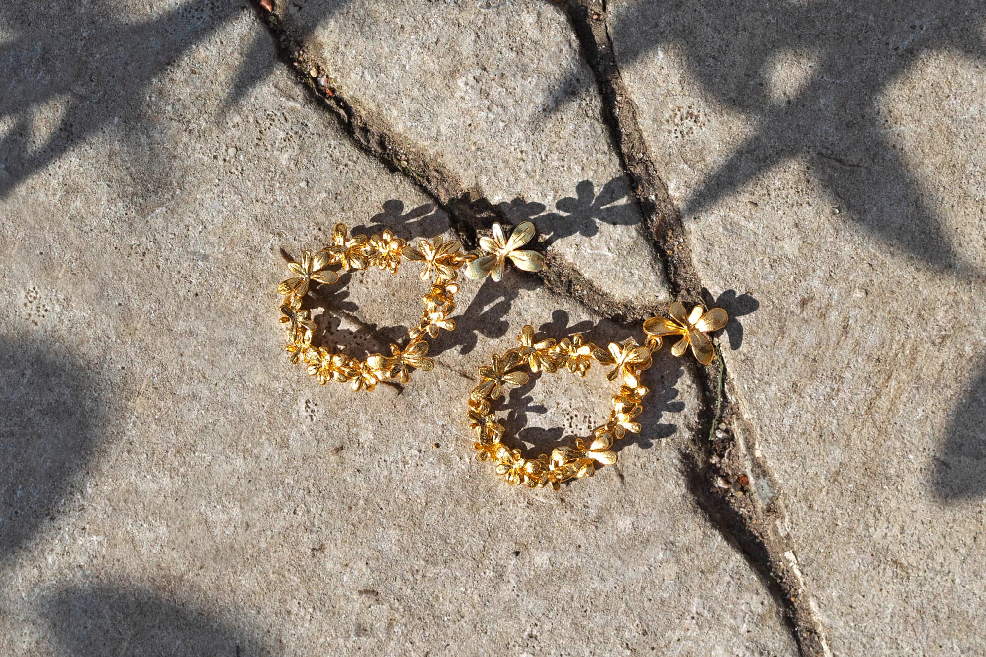 Sprouting Rosette Teardrop Earrings silver 22ct fairmined gold plate in crack in pavement
