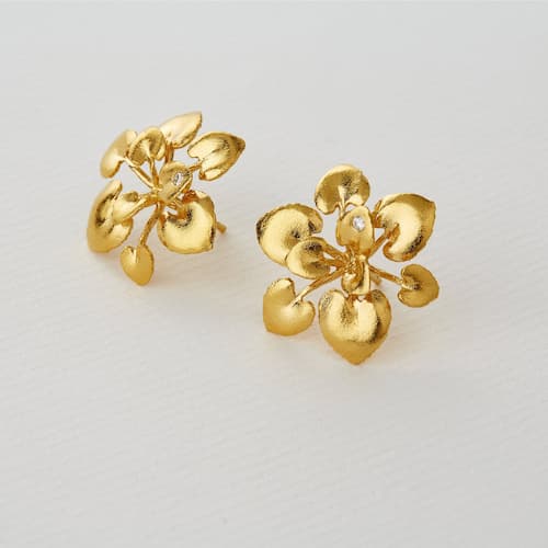 Heart Shaped Leaf Rosette Stud Earrings with Diamond silver 22ct Fairmined Gold Plate