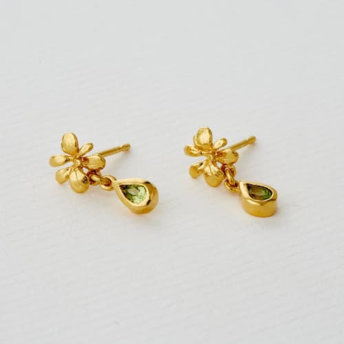 Small Rosette Stud Earrings with Hanging Teardrop Peridot Silver 22ct Farimined Gold Plate