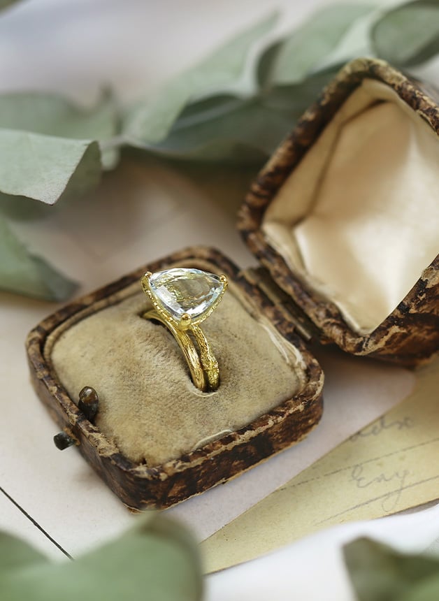 Model wearing Green Amethyst Forest Jewel Ring and Birch Band 2mm by Alex Monroe Jewellery