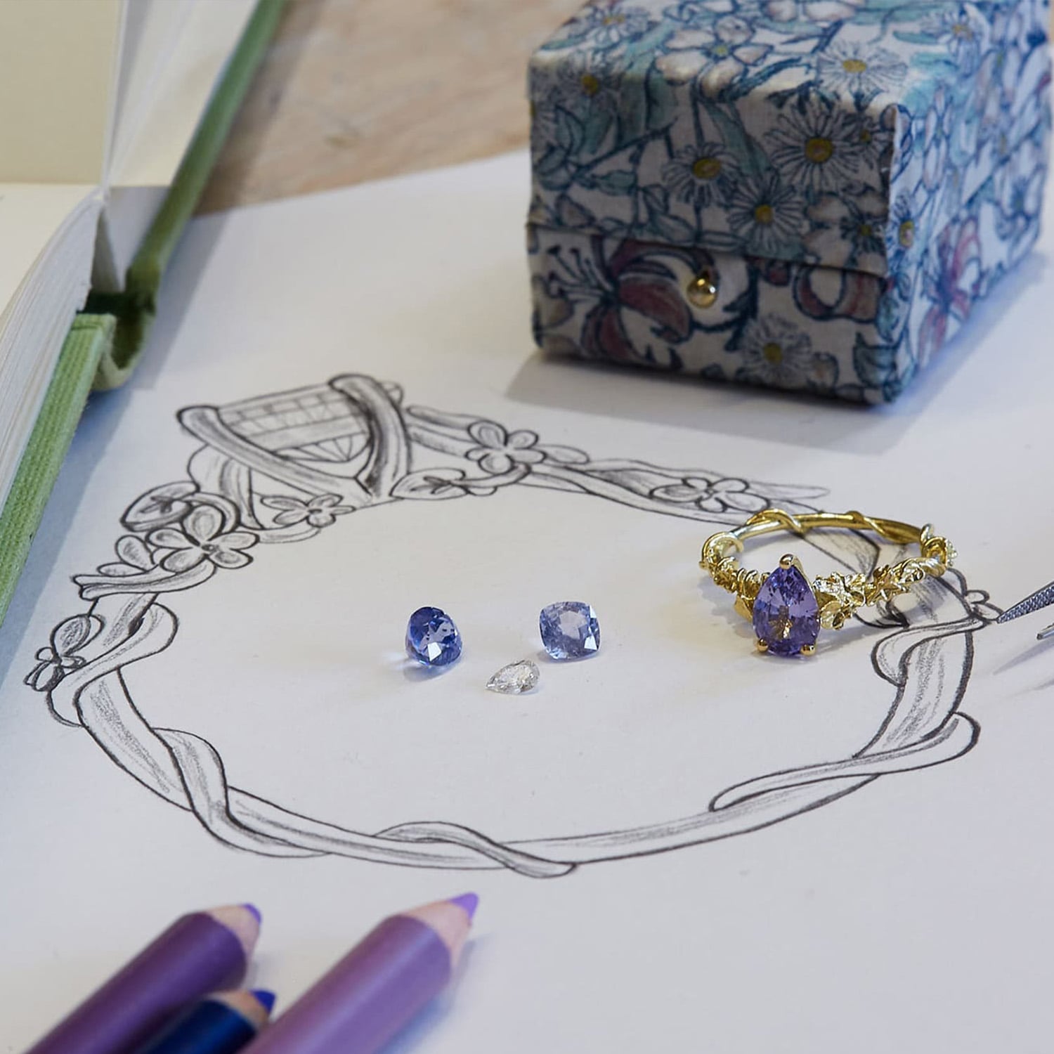 Bespoke sketch of Pear Shaped Lavender Sapphire Ring with purple pearl by Alex Monroe Jewellery