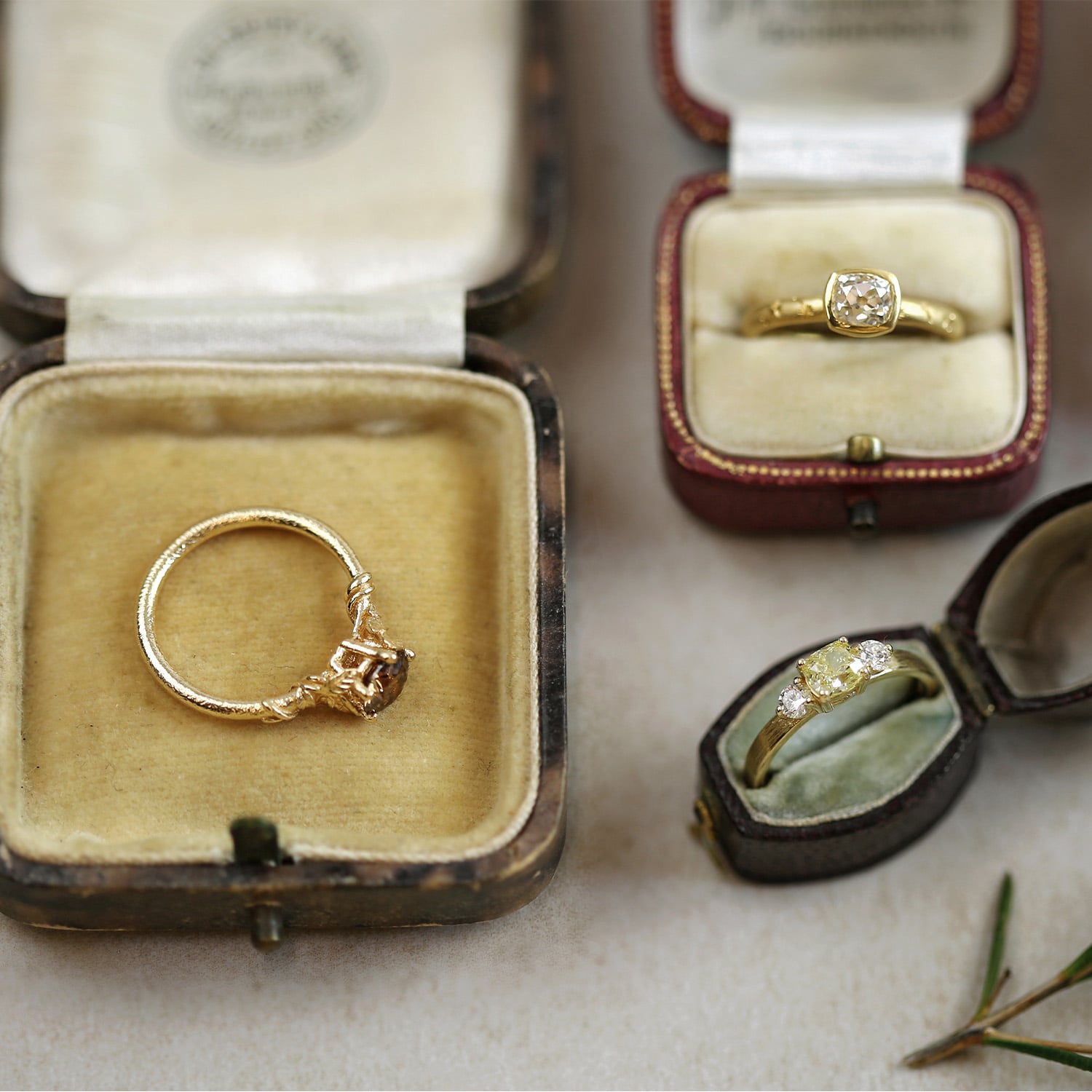 Vintage Jewellery Box with 3 one of a kind Diamond Engagement rings