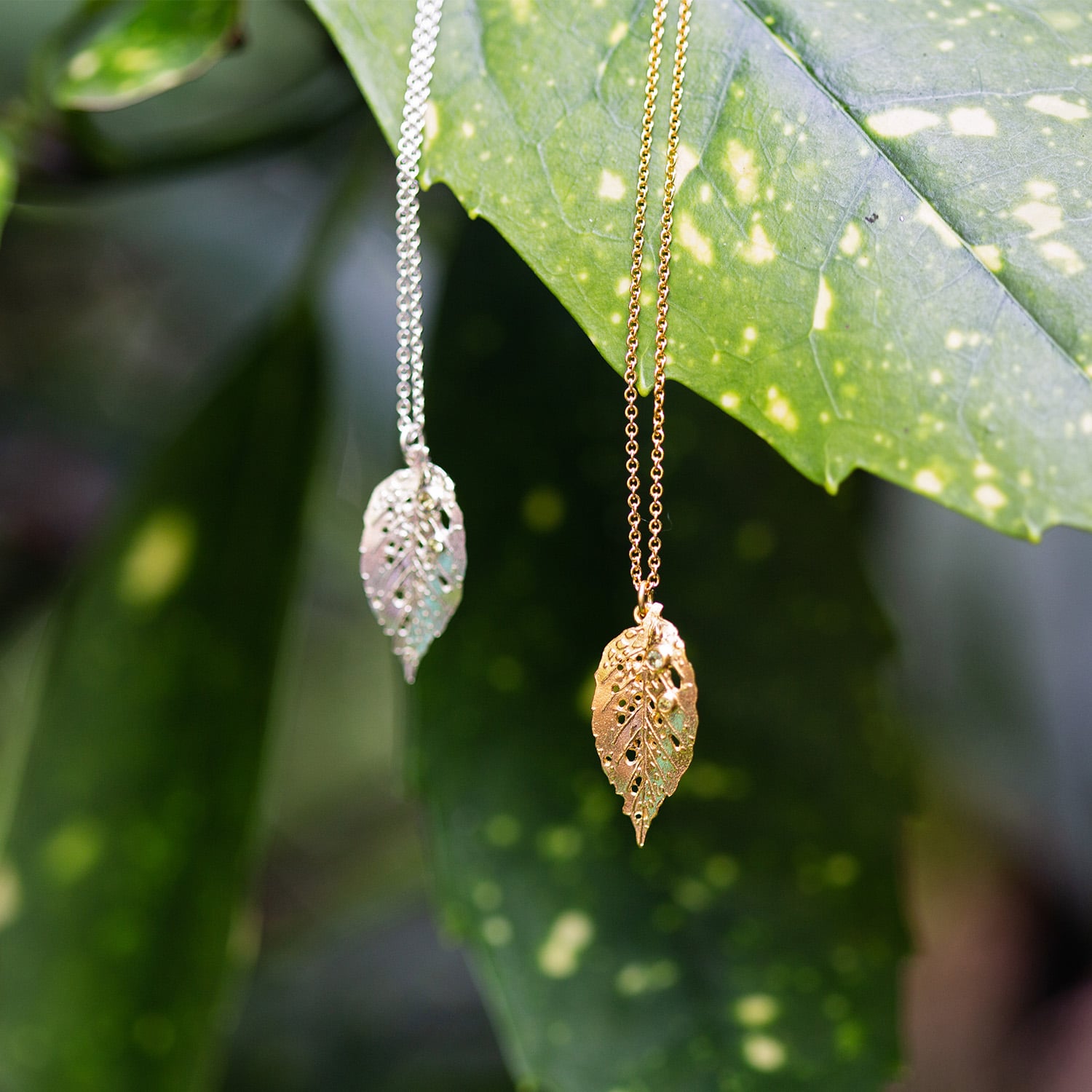 friends of the earth x alex monroe fallen leaf necklace in gold plate and silver