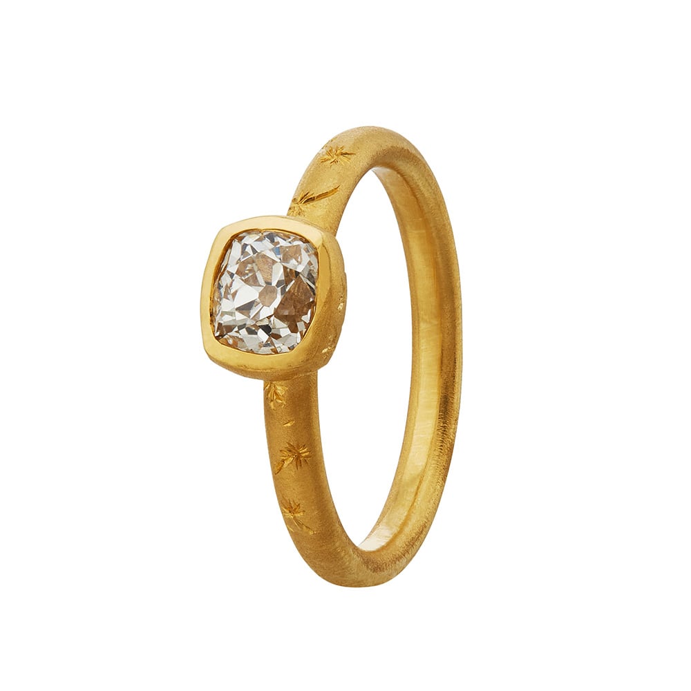 Bezel Diamond Ring with Flyaway Dandelion Engraving