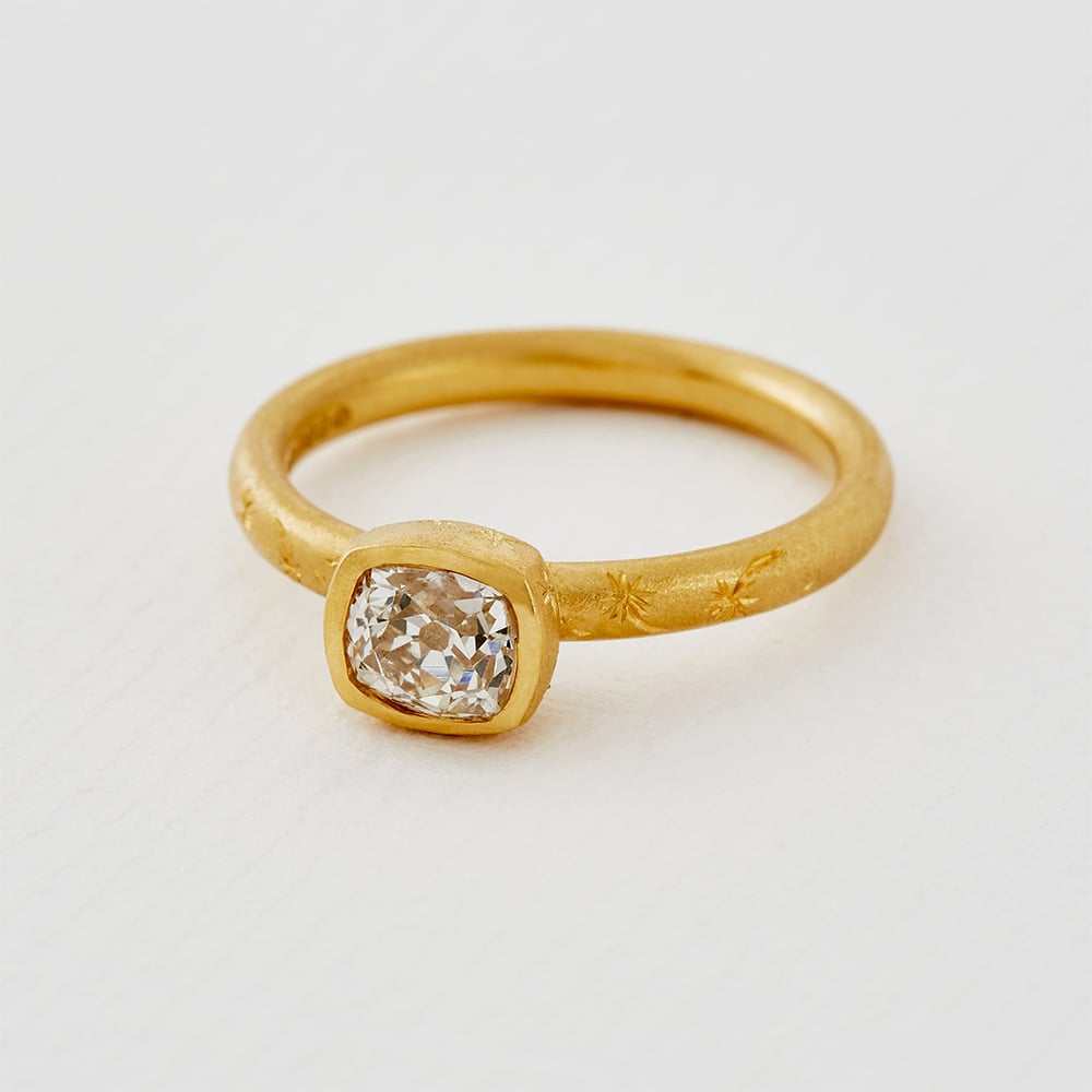 Bezel Diamond Ring with Flyaway Dandelion Engraving