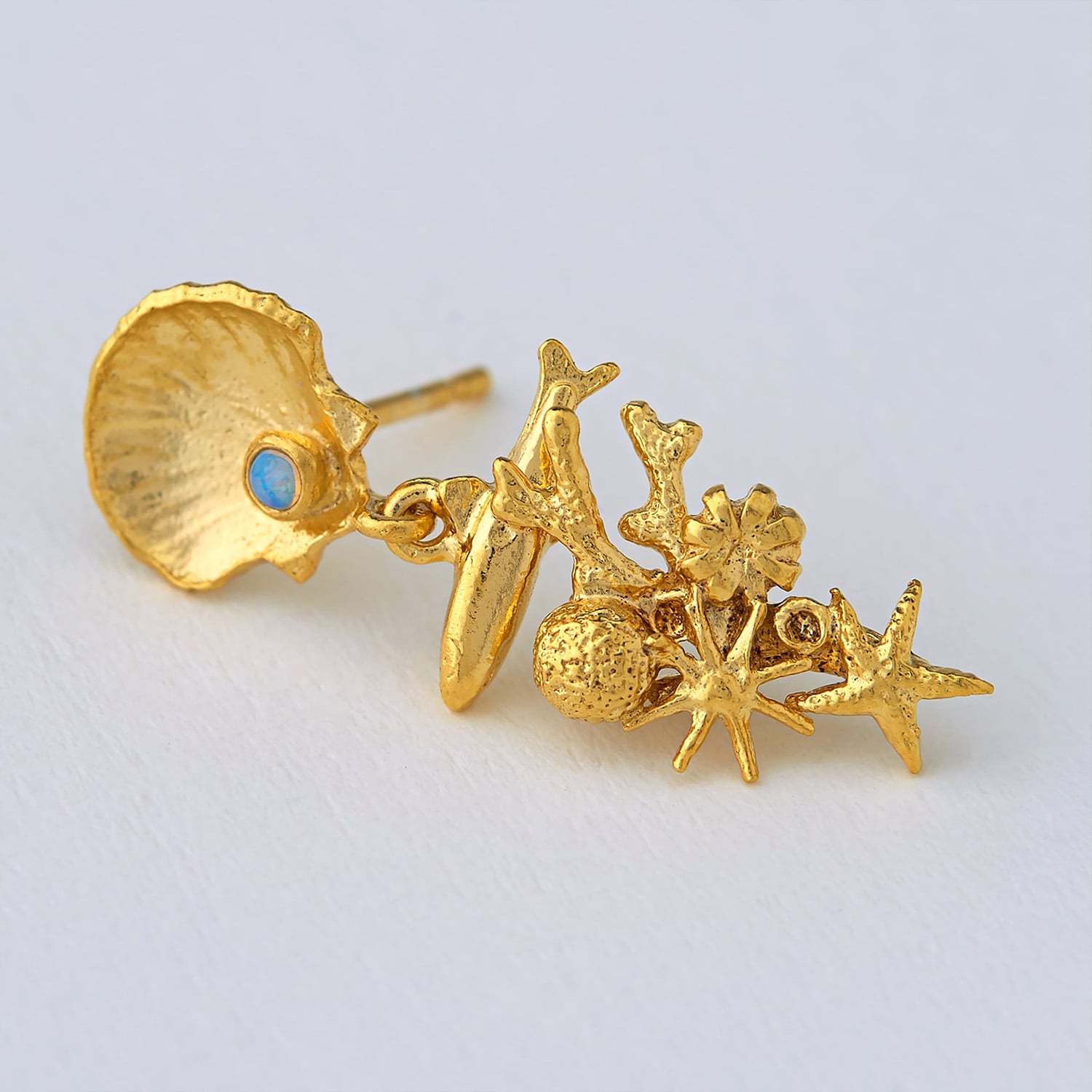 paper shot of gold plated coral reef opal drop earrings by Alex Monroe Jewellery