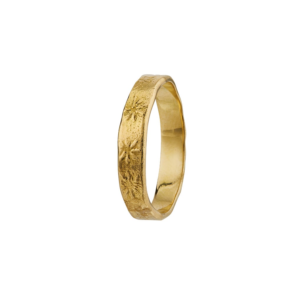 Product shot of yellow gold 6 mm Heavy Horsetail Fossil Band by Alex Monroe Jewellery