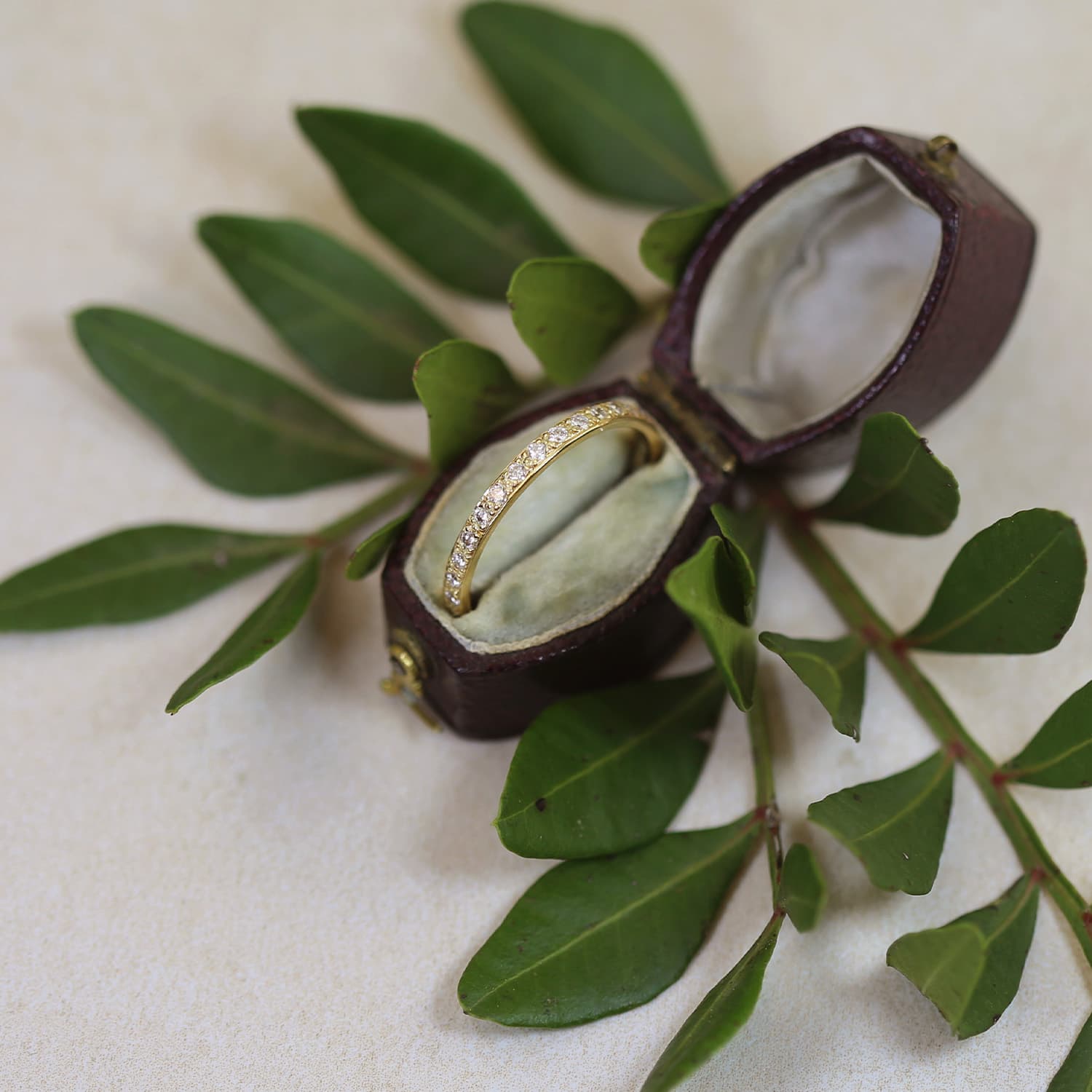 spring eternity wedding band in a vinatge ring box by alex monroe jewellery