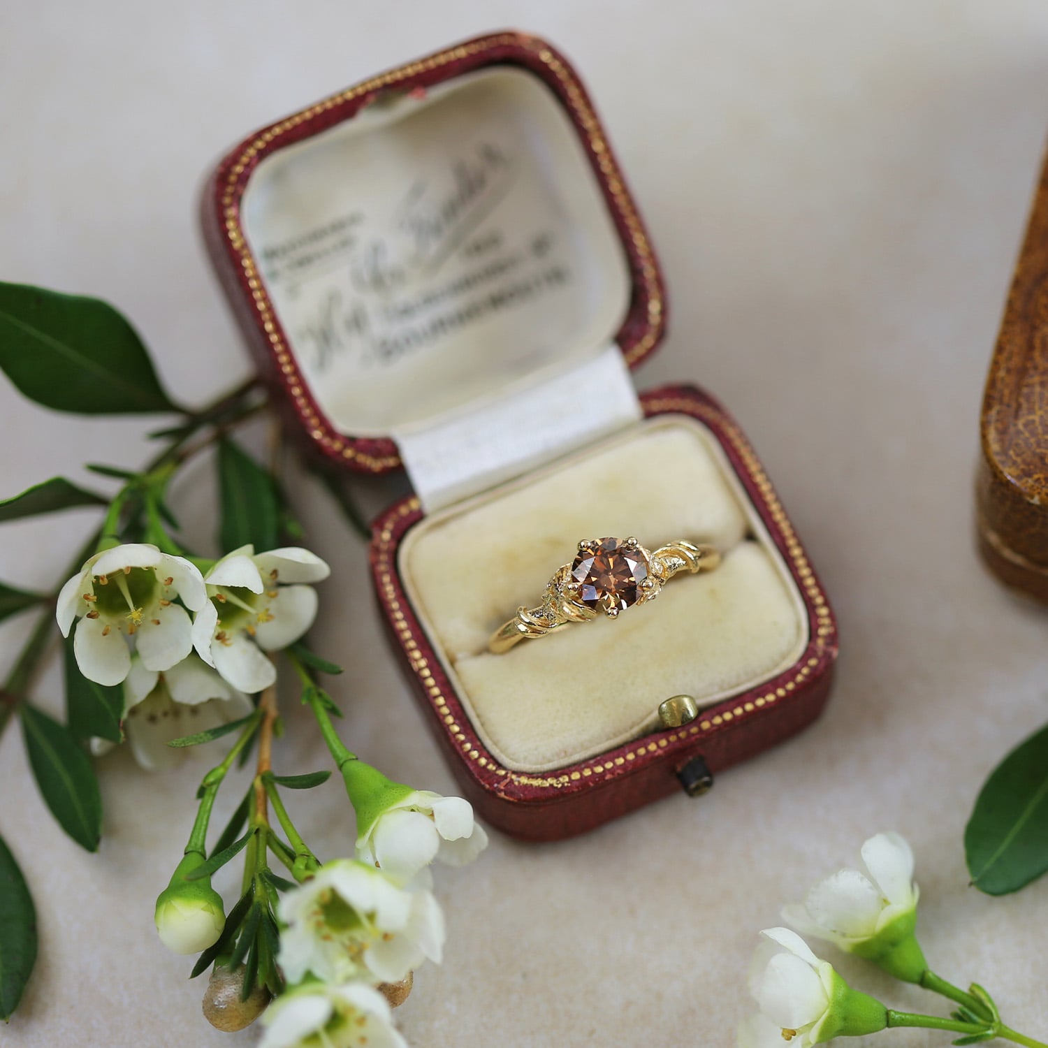 wild rose leaf vine chocolate diamond ring alex monroe in a vintage brown box lifestyle